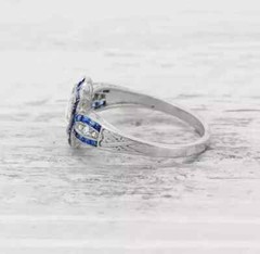 Art Deco Style Lab Created Diamond & Sapphire 14K White Gold FN Engagement Ring