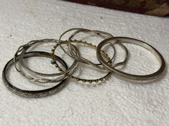 6 Sterling Silver & 1 Brass Bangle Bracelets 91 Grams Silver Marked/Tested
