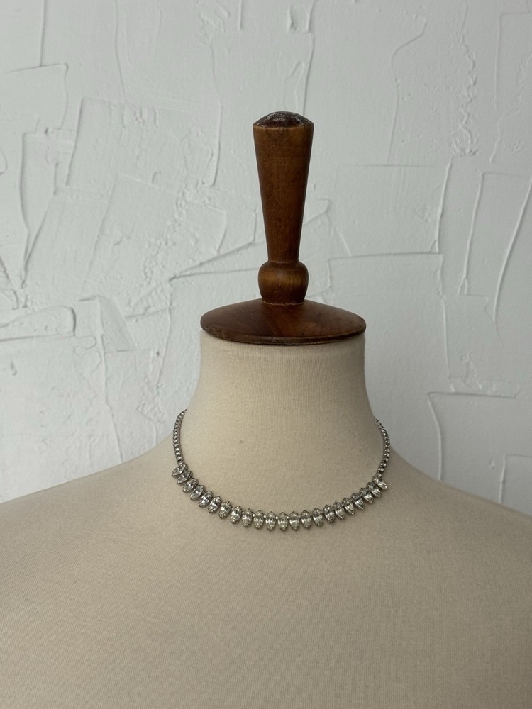 Vintage Clear Rhinestone Choker Necklace Marquise Cut Silver Tone Tennis Chain