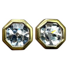 Vintage S.A.L. Swarovski Gold Tone Large Octagon Clip Earrings w/ Clear Crystal
