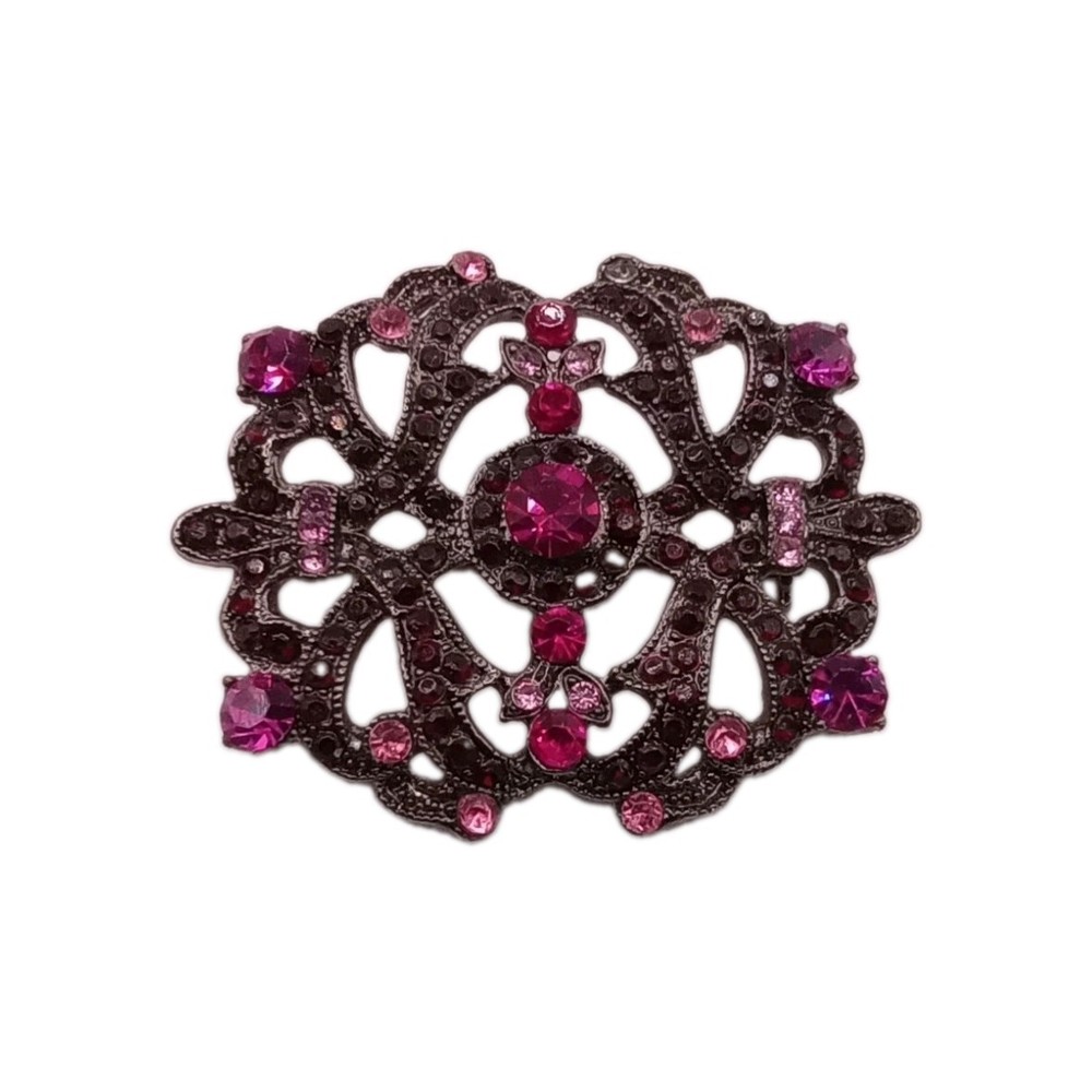 Vintage Style Purple Red Rhinestone Brooch Gunmetal Filigree Pin 2 By 1 1/2 In