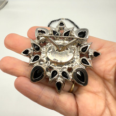 Vintage Brooch Necklace Set Black Glass Clear Rhinestones