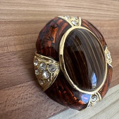 Vintage Brooch Pin 1.75 Inch Brown Marbled Art Glass Clear Rhinestones Gold