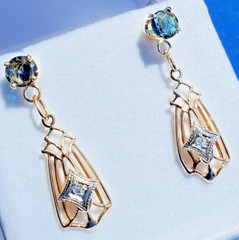 Original REAL SAPPHIRE DIAMOND Deco Earrings Gatsby era Vintage Dangles 14K GOLD