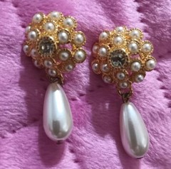 Vintage JC Penny Gold Tone Faux Pearl Diamond Dangle Earrings