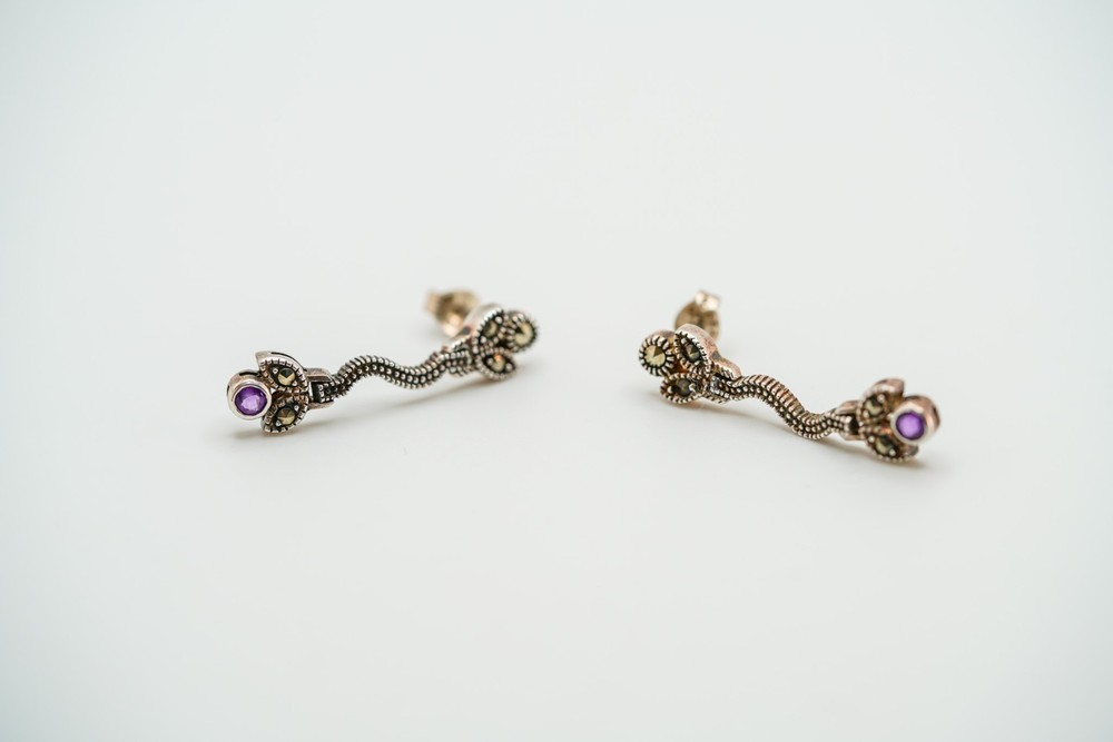 Vintage Sterling Silver Amethyst Marcastie Flower Dangle Earrings 3cm JB39