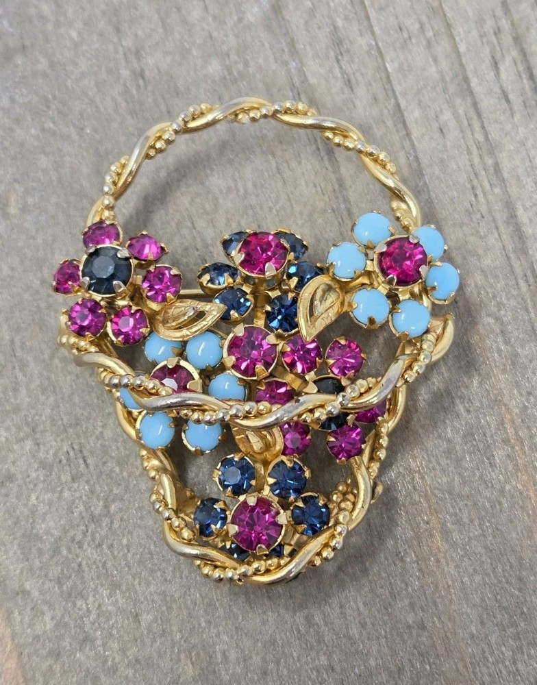 Pink Blue Rhinestone Flower Basket Brooch Pin Gold Tone Vintage 2 Inch Unsigned