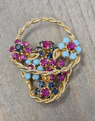 Pink Blue Rhinestone Flower Basket Brooch Pin Gold Tone Vintage 2 Inch Unsigned
