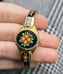 Vintage JAI 17 Jewels Peek A Boo Watch Elegant Floral Black Gold Swiss Made
