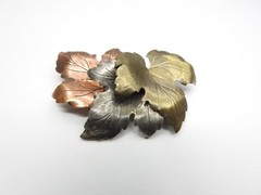 Copper Brass Silver Plated Metal Triple Leaf Brooch Vintage
