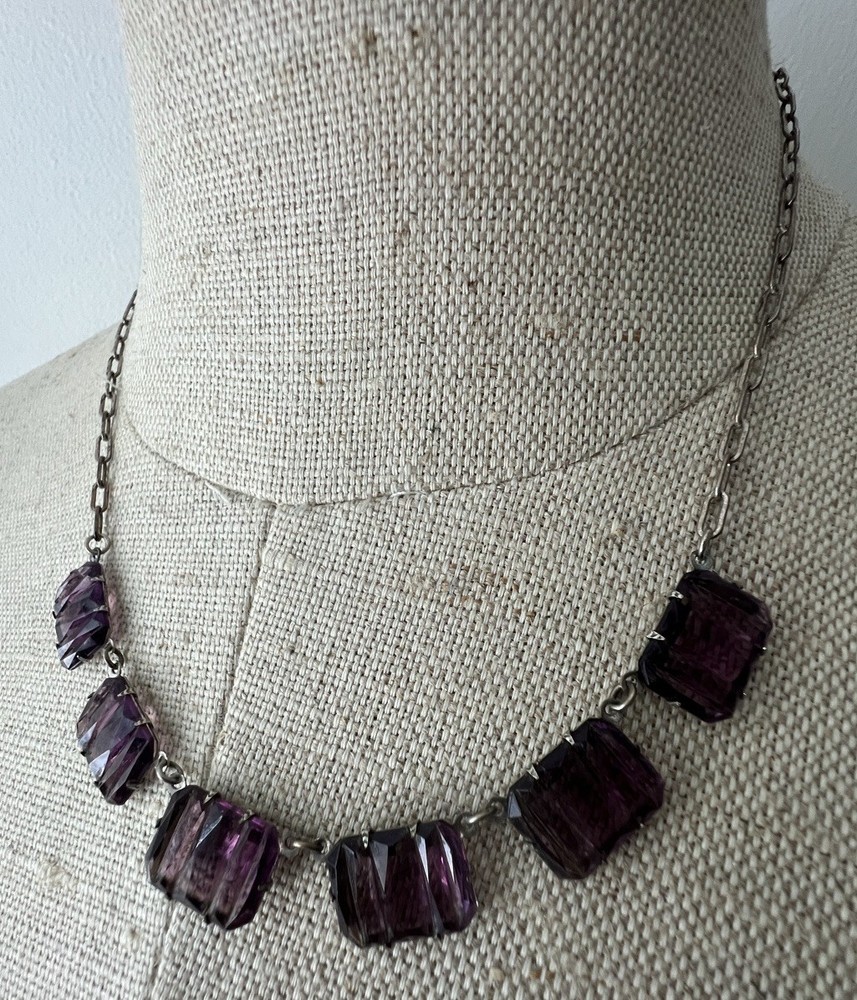 Antique Art Deco Purple Molded Glass Rivière Necklace – 17” – Silver Clasp