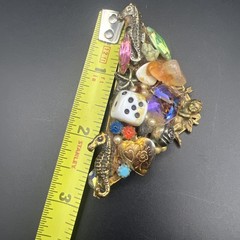 Vintage Handmade Assemblage Clip On Earrings Seahorse Dice Rhinestone Charms