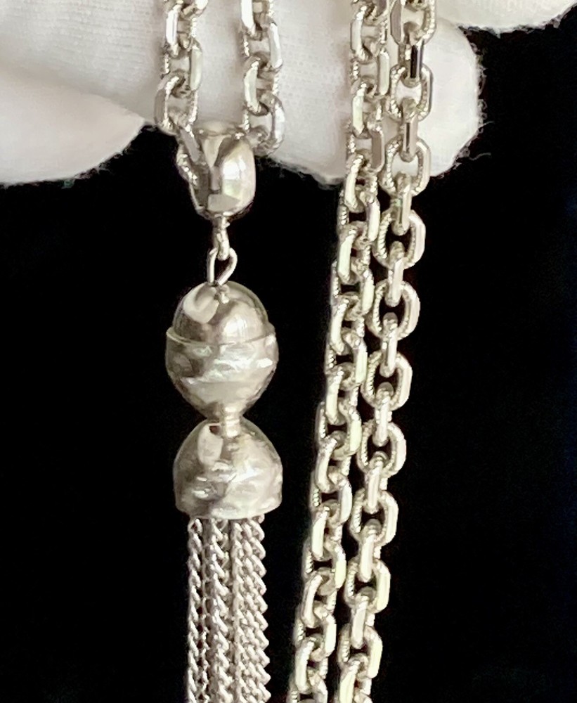 Vintage Kramer Necklace Silver Tone 20in Plus 3.5in Tassel Oval Link Chain 40.2g