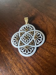 Large Signed CROWN TRIFARI Vtg White ENAMEL flower fans swirl Gold-tone PENDANT