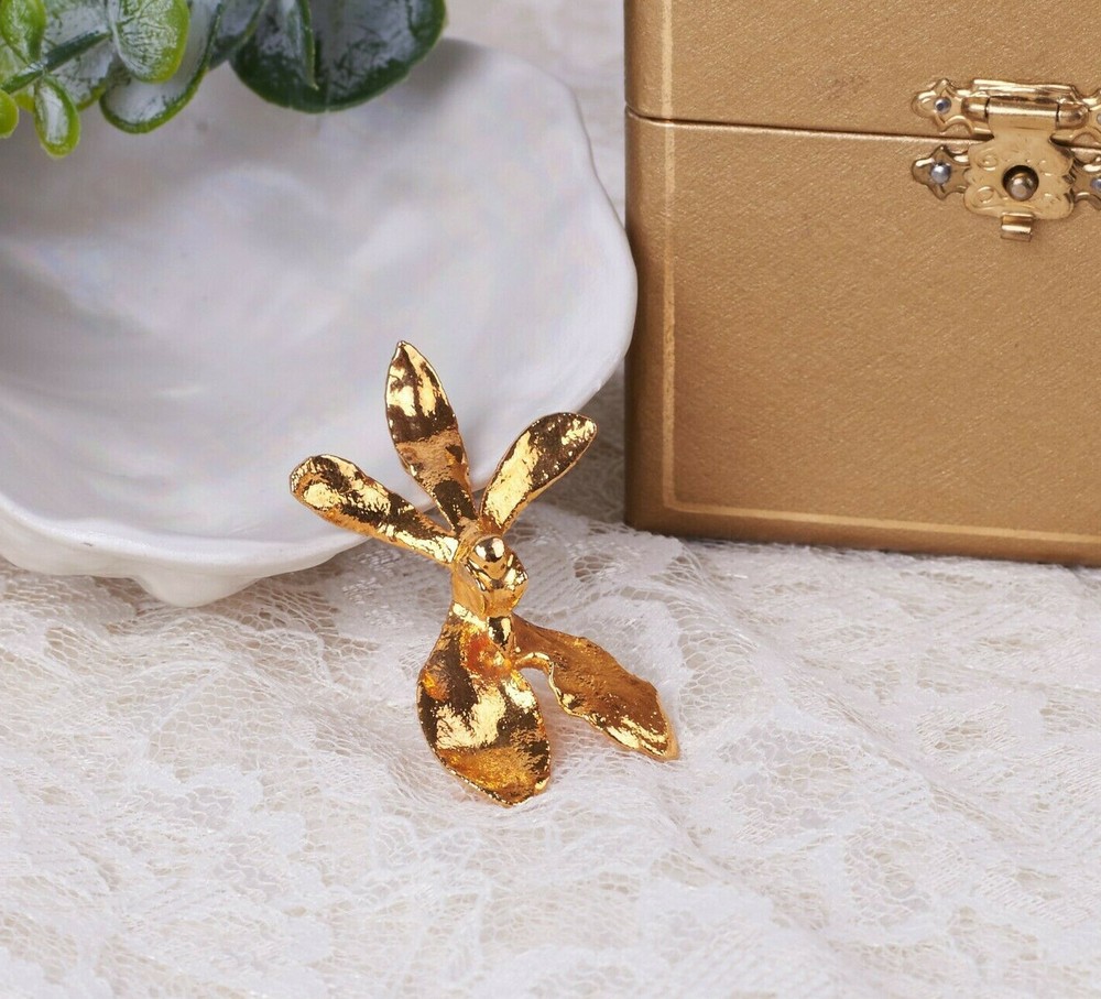 Vintage Genuine Gold Dipped Orchid Flower 45 mm Pendant in Orig Display Box