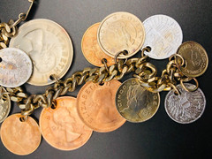 Vintage 15 RARE 1950’s Coin Charm Bracelet South Africa, India, Osterreich, Mex