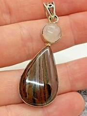 Vintage Sterling Silver Tiger Iron Rose Quartz Teardrop Pendant 8.2 Grams