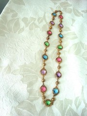Vintage Gold Tone Necklace Bezel Set Pink Purple Blue Green Stones 22 1/2 In.