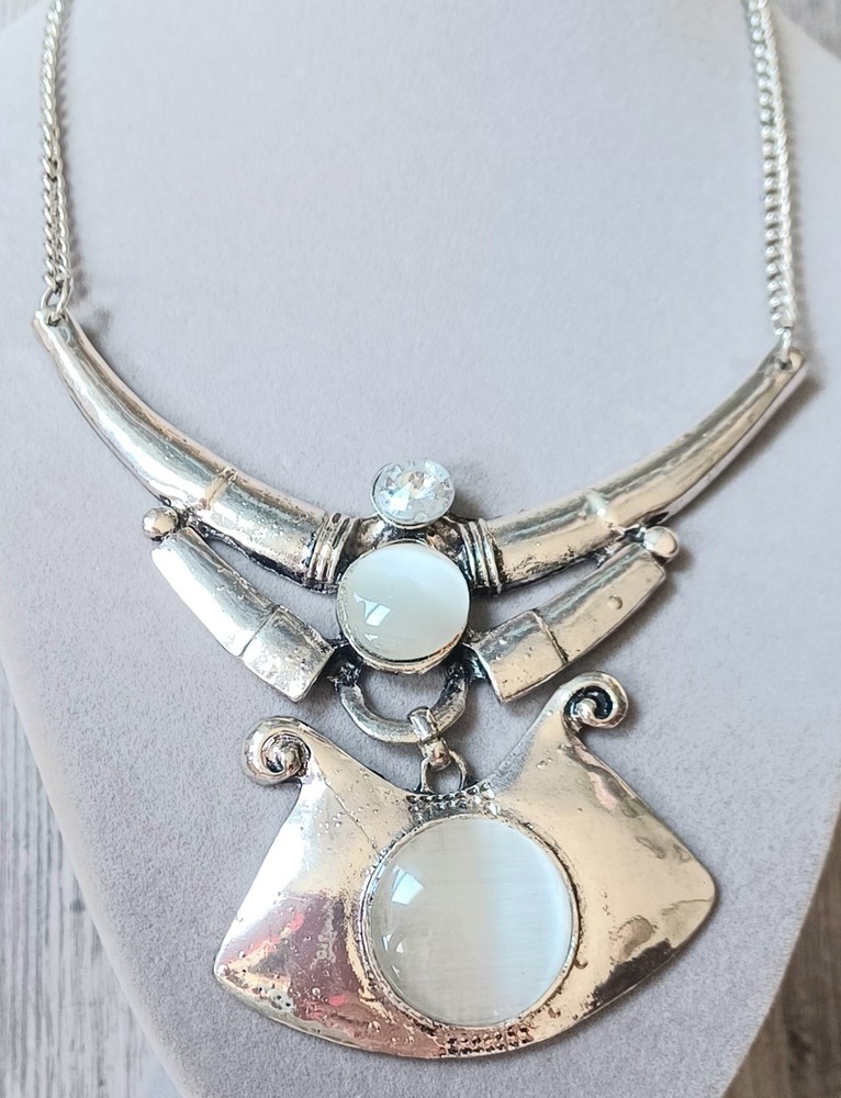 Vintage Egyptian Revival Style Silvertone Bib Necklace w/ white moonstone
