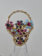 Pink Blue Rhinestone Flower Basket Brooch Pin Gold Tone Vintage 2 Inch Unsigned