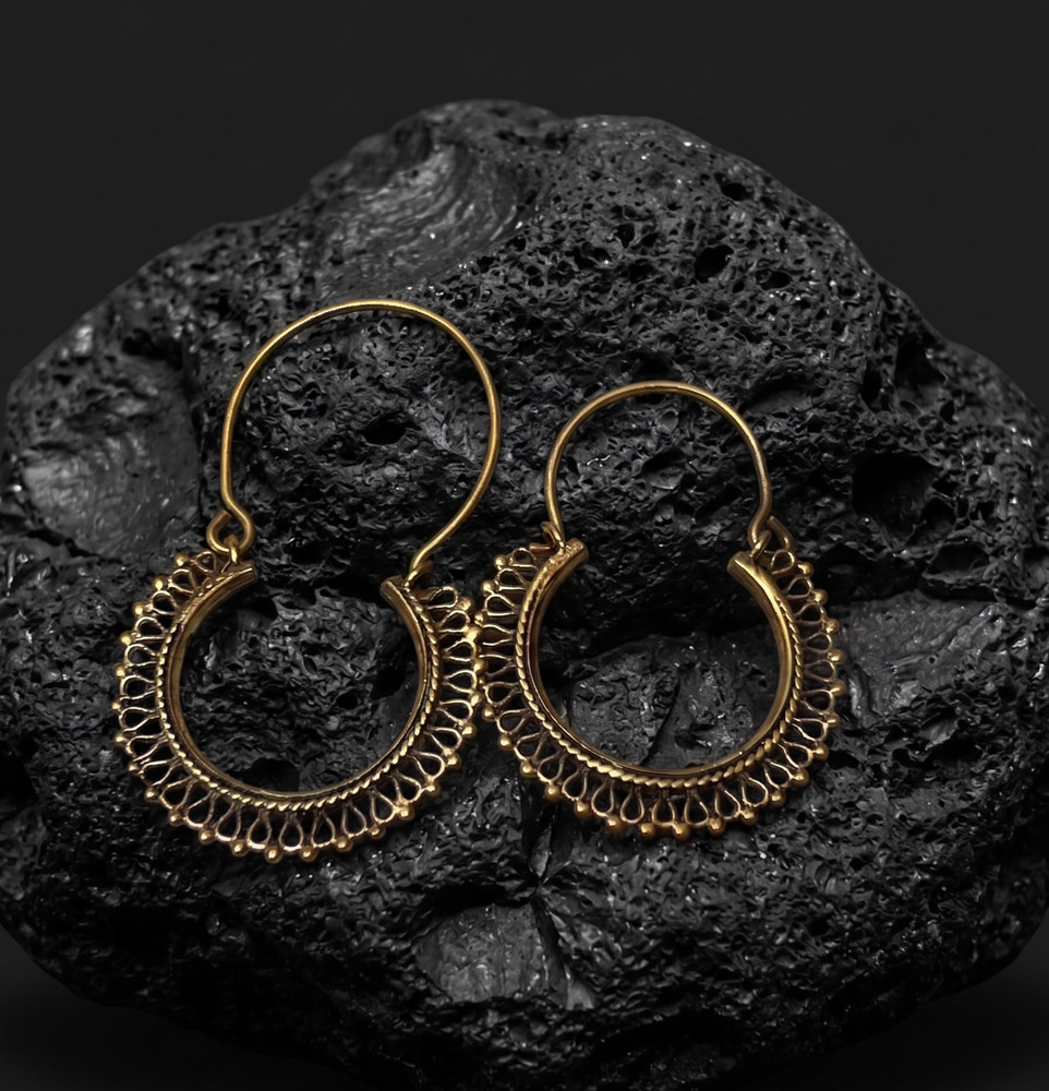 Vintage Gold Tone Tribal Hoop Earrings | Boho Ethnic Filigree Design