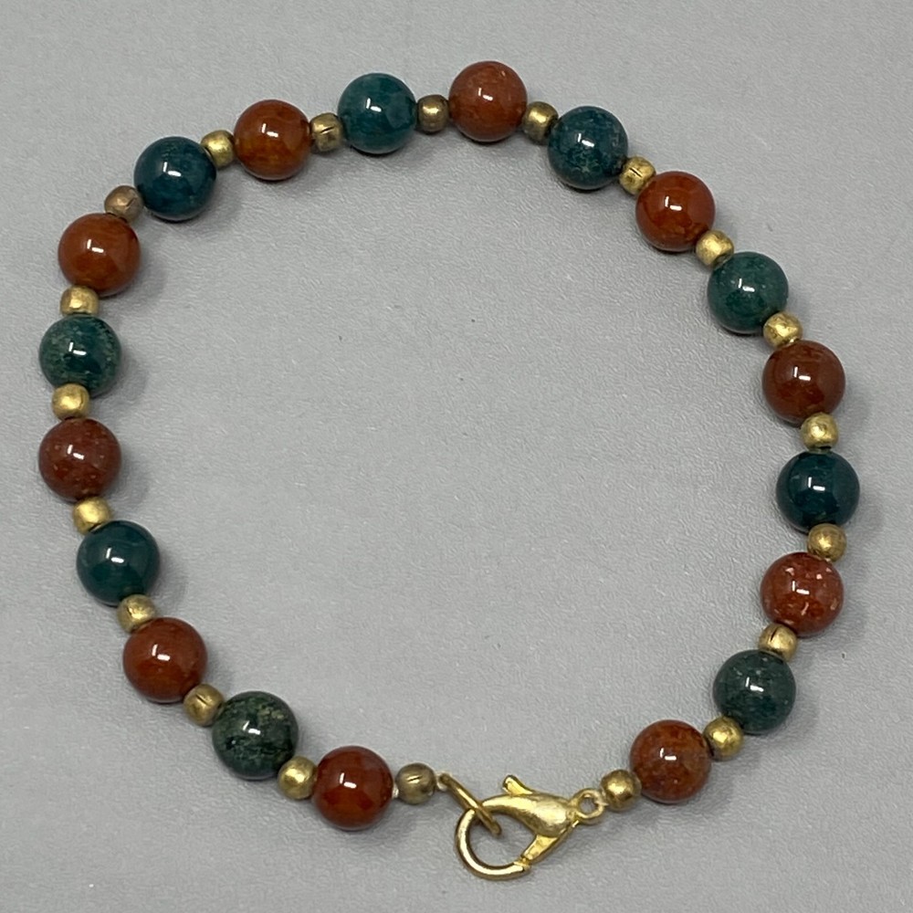 Gemstone Bracelet Brown Green Stone Bead Gold Tone Spacer Healing Chakra Vtg 7.5
