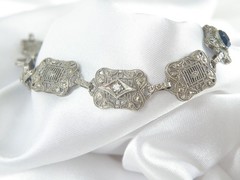 Art Deco Sterling Silver Sapphire Paste Filigree Station Antique Bracelet 7.5″
