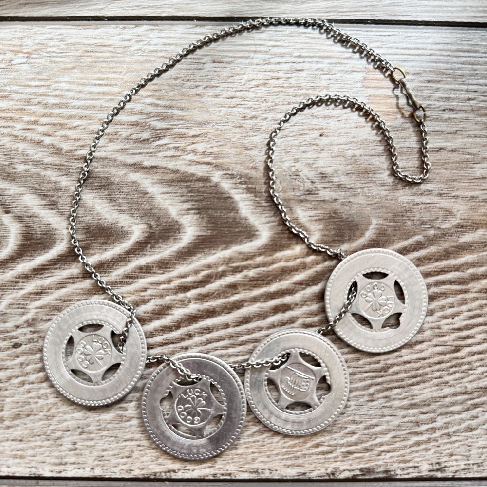 Vintage Good Luck Star Token Necklace Chain Silver Tone