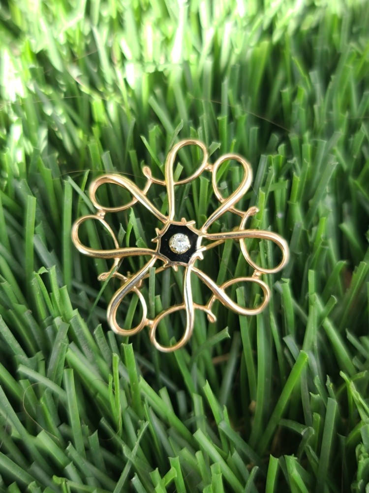 VTG AVON 10k Solid Yellow Gold Genuine Diamond & Onyx Pendant Pin Brooch 2.66gr