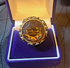 VINTAGE GOLD CITRINE AMBER SIZE 5 RING FILIGREE WORK SCROLL BEAUTIFUL-RETRO-1970