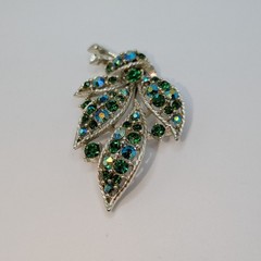 Vintage Lisner Leaves Brooch Blue Green AB Rhinestone Gold Tone