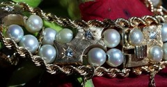 14k yellow gold bracelet 5-5.5mm cultured pearl 0.5ct diamond 7.5″ antique 43.0g