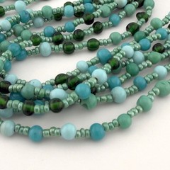 Vintage Multi 6 Strand Green Blue Glass Beads Necklace Bracelet Set Coastal Boho