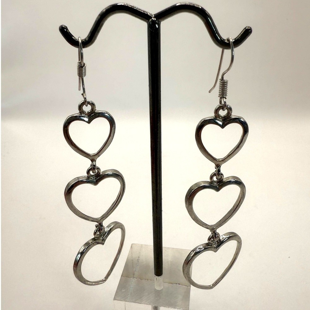 Vintage Silver Tone Triple Heart Dangle Earrings – Open Heart Drop Jewelry