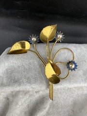 Vintage Faux Pearl Flower Brooch Blue Rhinestone Gold Tone READ