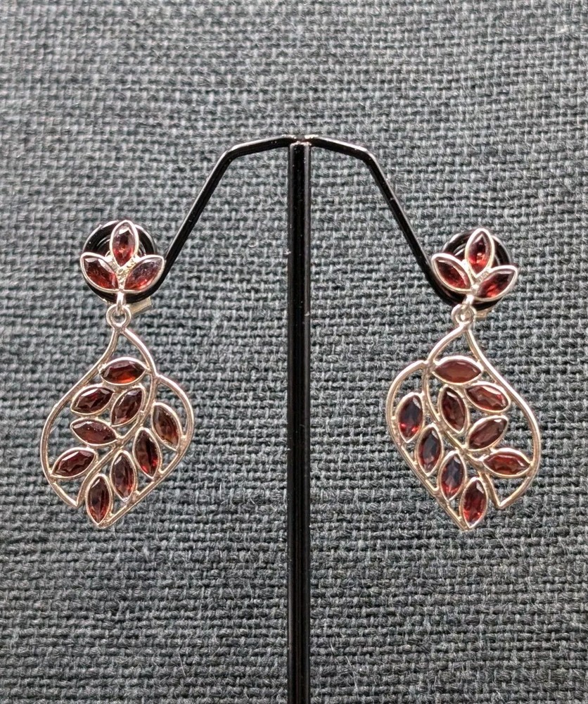 Vtg Sterling Silver Multi Amber Glass Marquise Shape Leaf Design 925 Earrings