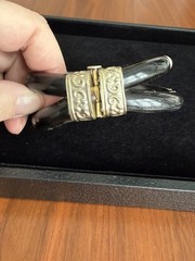 Vtg. Horn & Bone Hinged Bangle Bracelet w Repoussé Metal Pin Clasp