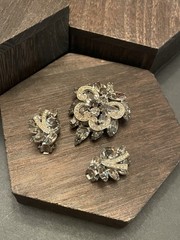 Large WEISS Smoky Gray Clear Crystal Rhinestone Brooch & Clip Earrings SET