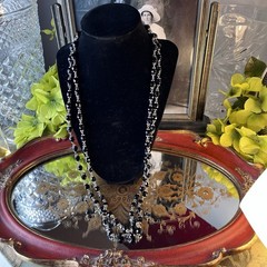 58” Black Faceted Glass Bead Sautoir Necklace – Silvertone Spacers – Spring Ring