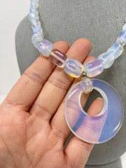 Opalescent Opalite Glass Bead Necklace Large Circle Pendant