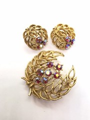 Vintage Lisner Signed Goldtone Brooch and Clip Earrings Rhinestone AB Set