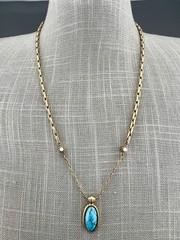 Liz Claiborne Necklace Faux Turquoise Glass Cabochon Pendant Gold Tone Signed 19