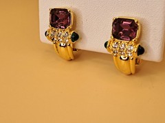 VTG Nolan Miller Clip On Earrings Gold Tone Purple Green Retro Glam Dynasty