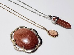 3pc LOT GOLDSTONE Gold Filled Brooch JJJ Co & 2 Goldstone Necklaces Vtg jewelry