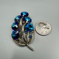 Vintage Watermelon Peacock Rivoli Rhinestone Brooch Silver Tone Blue Statement