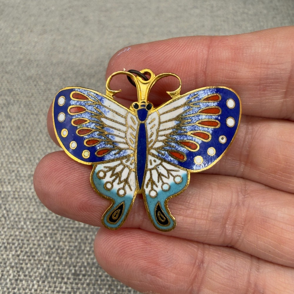 Vintage Butterfly Brooch Cloisonne Gold Tone 1.5 Inches
