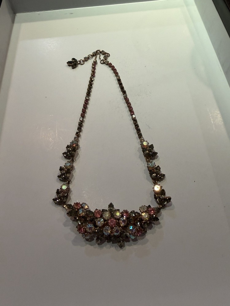 Mid-Century Pink, Aurora Borealis & Smoky Gray Rhinestone Statement Necklace