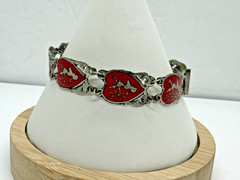 Vintage Siam Sterling Silver Niello Red Enamel Thai Dancer Panel Bracelet 10.3g