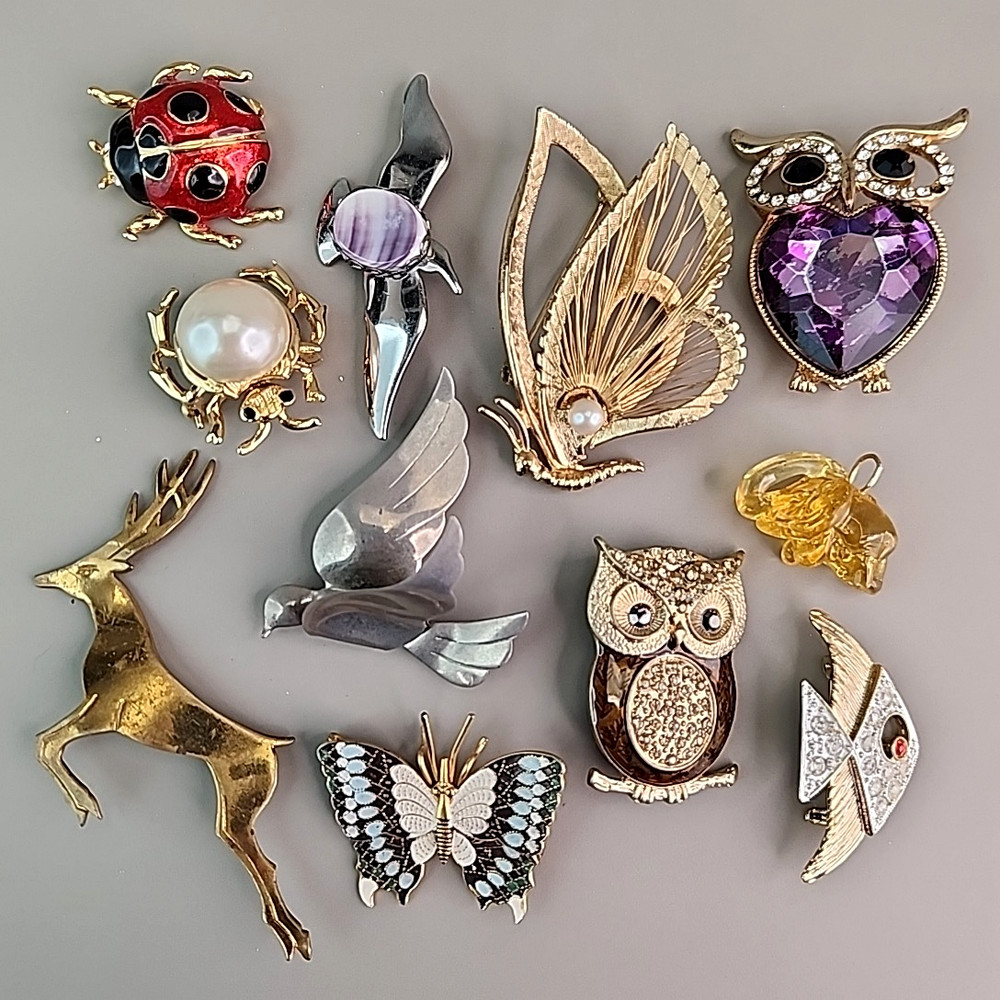 Vintage Animal Brooch Lot of 11 Monet Brooks Birds Deer Bugs Owl