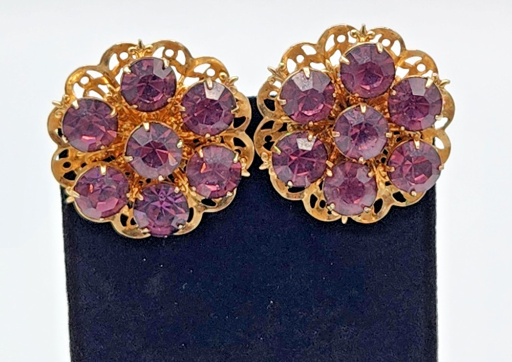 Vintage Amethyst Purple Rhinestone Cluster Clip On Earrings Gold Tone 1960s